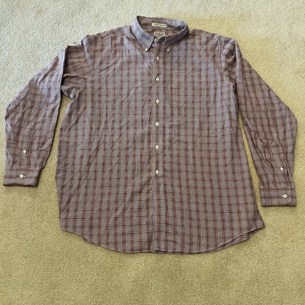 L.L.Bean Wrinkle Resistant XL Regular Plaid Button Down Shirt Cotton Maroon Red